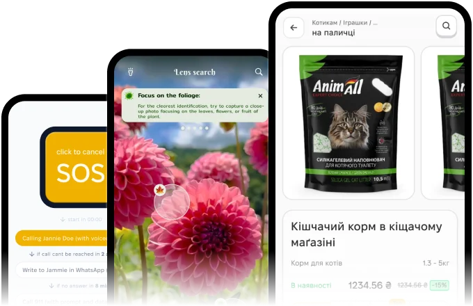 Mobile app screens on three phone mockups
